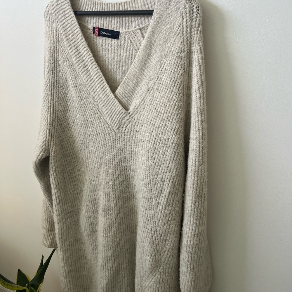 Zara Cozy Beige V-Neck Sweater Dress